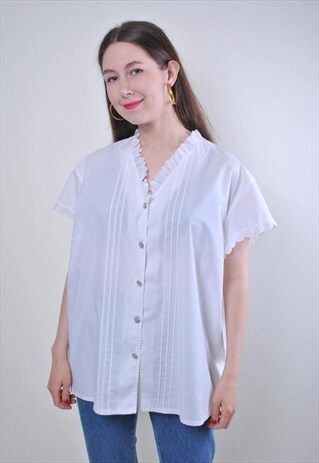 WOMEN VINTAGE WHITE LACE COLLAR CUTE EVENING BLOUSE
