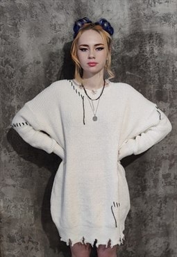 Distressed knitwear sweater reworked rip knit jumper white