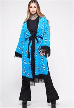FIESTA Kimono Bright Blue and Black Fringe Party Kimono
