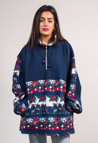 90'S VINTAGE NAVY PATTERN QUARTER ZIP OVERSIZE FLEECE JACKET