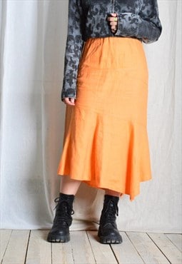 Vintage 90s Tangerine Orange Linen Summer Skirt