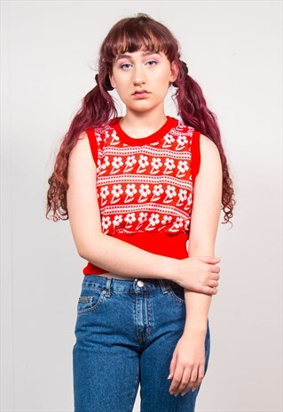 VINTAGE 70'S RED FLORAL PRINT KNIT RIBBED VEST TANK TOP