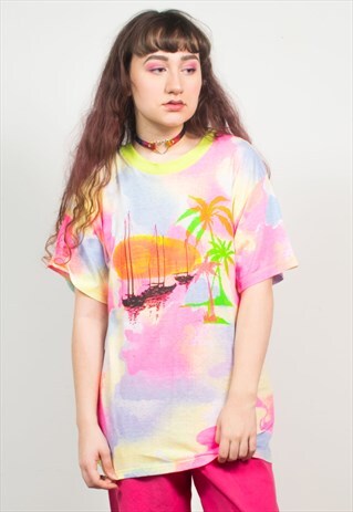 VINTAGE 90'S NEON YACHT PRINT T-SHIRT