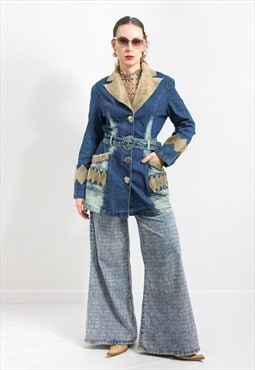 Vintage Y2K denim coat faux fur inserts jacket women
