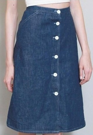 VINTAGE 1970'S DARK WASH DENIM BUTTON FRONT MIDI SKIRT