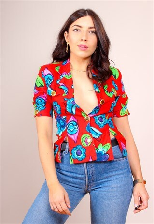 VINTAGE 80S FLORAL PRINT DEEP V NECK BLOUSE