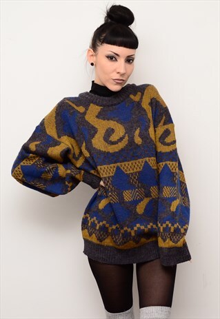 VINTAGE 90'S HIPPIE ABSTRACT MUSTARD BLUE PATTERNED JUMPER