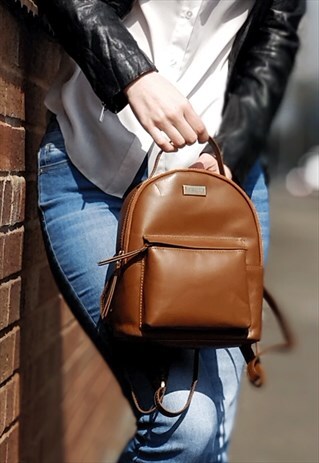 GENUINE LEATHER MINI BACKPACK FOR WOMEN - TAN RUCKSACK BAG