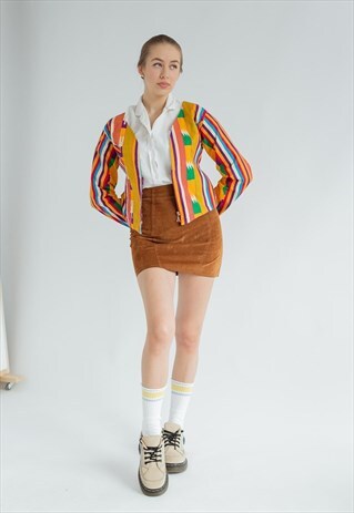 VINTAGE 70S BOHO FUNKY FITTED ZIP UP BLAZER IN MULTI S