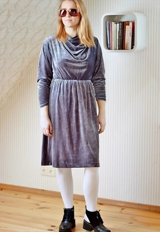 GREY VELOUR COWL NECK DRESS