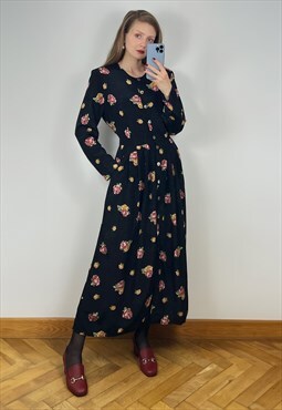 Long Sleeve Black Floral Maxi Dress, Fall Dress