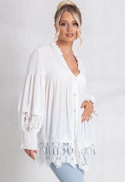white cheesecloth lace detailed long sleeve shirt dress