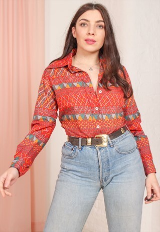 VINTAGE 70S RED BLOUSE IN ABSTRACT PRINT