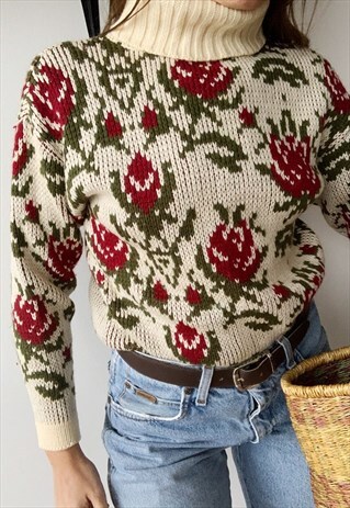 VINTAGE 80S CHRISTMAS ROSE PATTERN BOHO KNIT JUMPER SWEATER