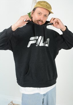 Vintage 90s FILA Hoodie Black Relaxed Fit unisex Size XL
