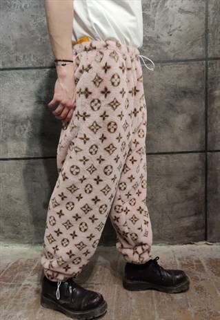 LV FLEECE JOGGERS HANDMADE FLORAL OVERALLS PASTEL PINK
