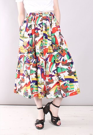 VINTAGE 80S FLAG PATTERNED PLEATED MIDI BUTTON SKIRT