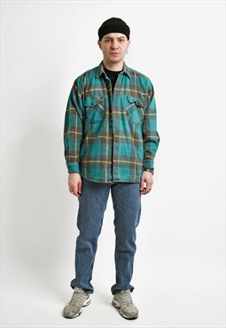 Vintage plaid shirt men's green checked long sleeve flannel
