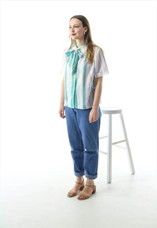 ABSTRACT COLORFUL BOW BLOUSE / 90S MULTICOLOR TIE NECK BLOUS
