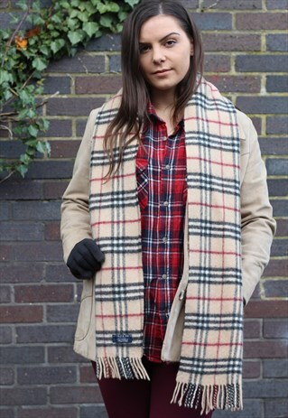 VINTAGE LAMBSWOOL CHECKED SCARF BEIGE-AS134