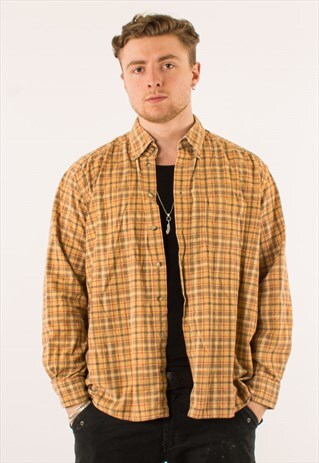 VINTAGE 90S YELLOW PLAID CORDUROY SHIRT XL