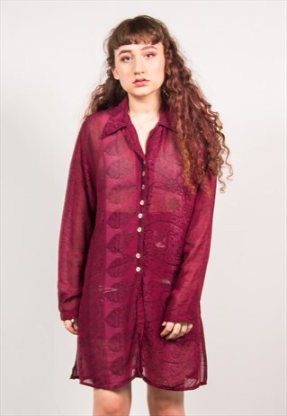 VINTAGE 90'S MAROON FLORAL PATTERN LONG SHEER BLOUSE SHIRT
