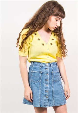 VINTAGE 90'S YELLOW KNIT RIBBED EMBROIDERED TOP
