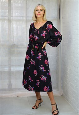 Vintage 70s Black & Pink Floral Print Boho Midi Dress