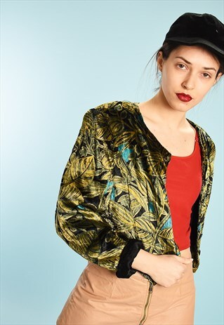 80'S RETRO VELVET FLORAL PATTERN CROPPED JACKET BLAZER