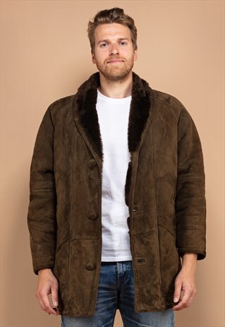 VINTAGE 70'S MEN SHEEPSKIN SUEDE COAT IN MOSS BROWN