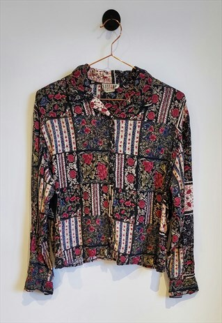 VINTAGE 80S FLORAL ROSE PRINT PATCHWORKED BLOUSE SIZE 10-12