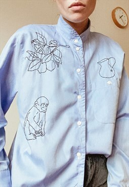 Reworked Vintage Hand embroidered blue Moroccan Shirt