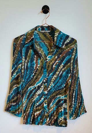 VINTAGE 90S ABSTRACT TIE-DYE PRINT PLEATED BLOUSE SIZE 8-10