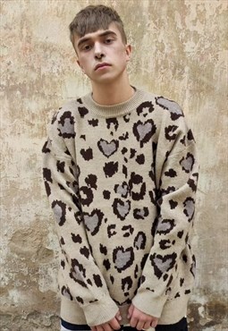 Leopard sweater animal heart print top spot jumper in brown