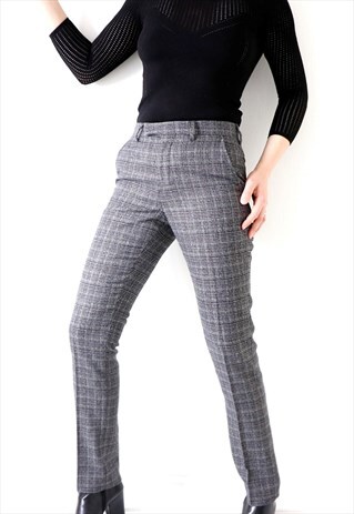 Plaid Pants Checked Trousers Smart Pleated Slacks Grey 