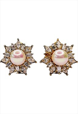 Christian Dior Earrings Crystal Pearl Gold Clip on Vintage