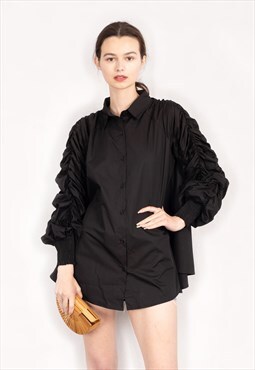 Cotton shirt with Ruched Sleeve in black