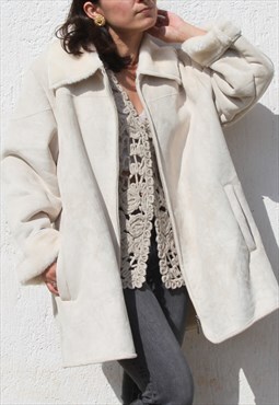 Beige faux felt suede soft and cozy faux shearling coat
