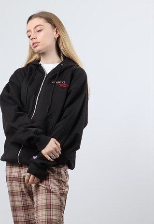 VINTAGE CHAMPION SMALL BLACK EMBROIDERED ZIPPED HOODIE