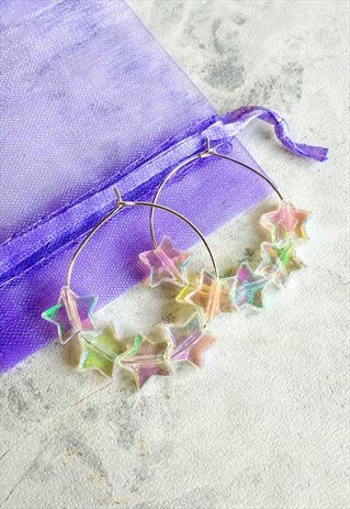 CLEAR IRIDESCENT CANDY STAR HOOP EARRINGS