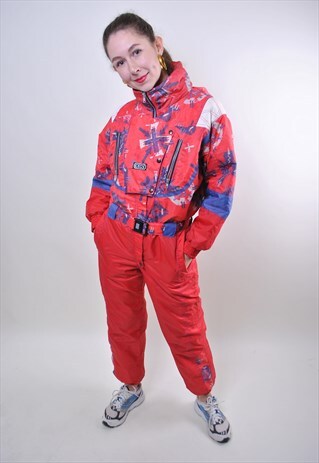 RETRO WOMAN PATTERN SKI SUIT, 80S ONE PIECE SNOW SUIT HOODED