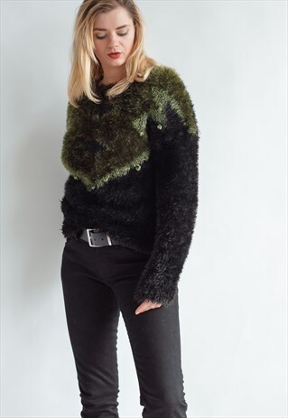 VINTAGE 80S FLUFFY JUMPER IN BLACK WITH CONTRAST NECK