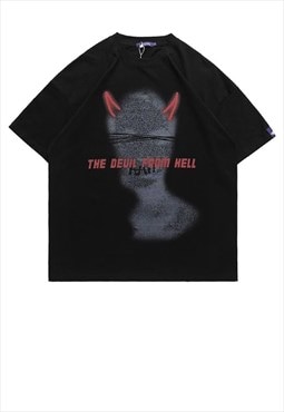 Devil print t-shirt cat graffiti tee Goth horns top in black