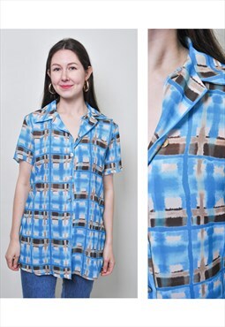 Abstract print rave shirt, festival button down woman 