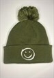 Womens Smiling Face Green Bobble Hat