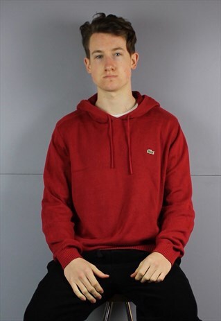 VINTAGE LACOSTE COTTON KNIT HOODIE IN RED WITH EMBROIDERED L