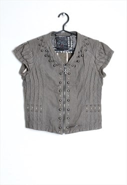 Y2K Grey Silver Stud Leather Top With Zipper