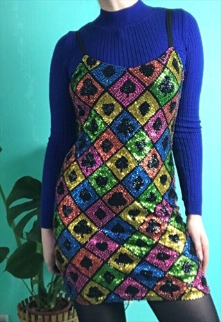 VINTAGE 90S HARLEQUIN PLAYING CARDS MULTI SEQUIN DRESS 10