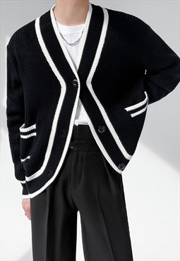 Men's Black white design V-neck cardigan S VOL.3