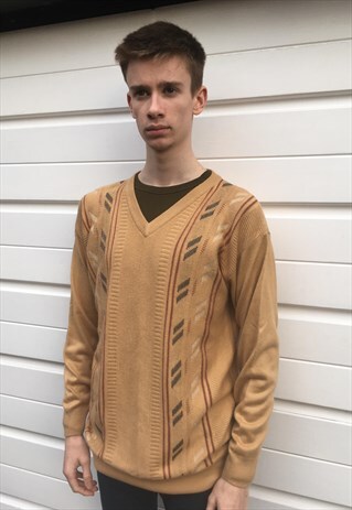 MENS VINTAGE 70S 80S FARAH JUMPER PATTERNED BEIGE SWEATER